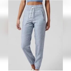 Athleta Cabo Linen Jogger Chambray Blue Size 12 Pockets 530642-00 Resort Summer
